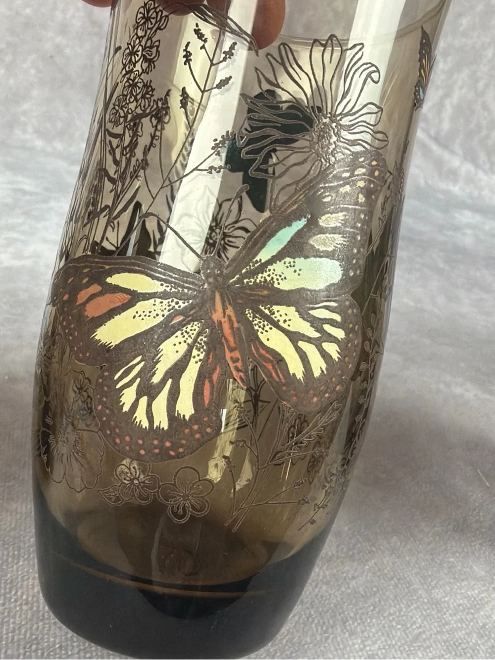 VTG Butterfly Floral Smoky Brown 16 oz Iced Tea Tumblers Set of 4 READ